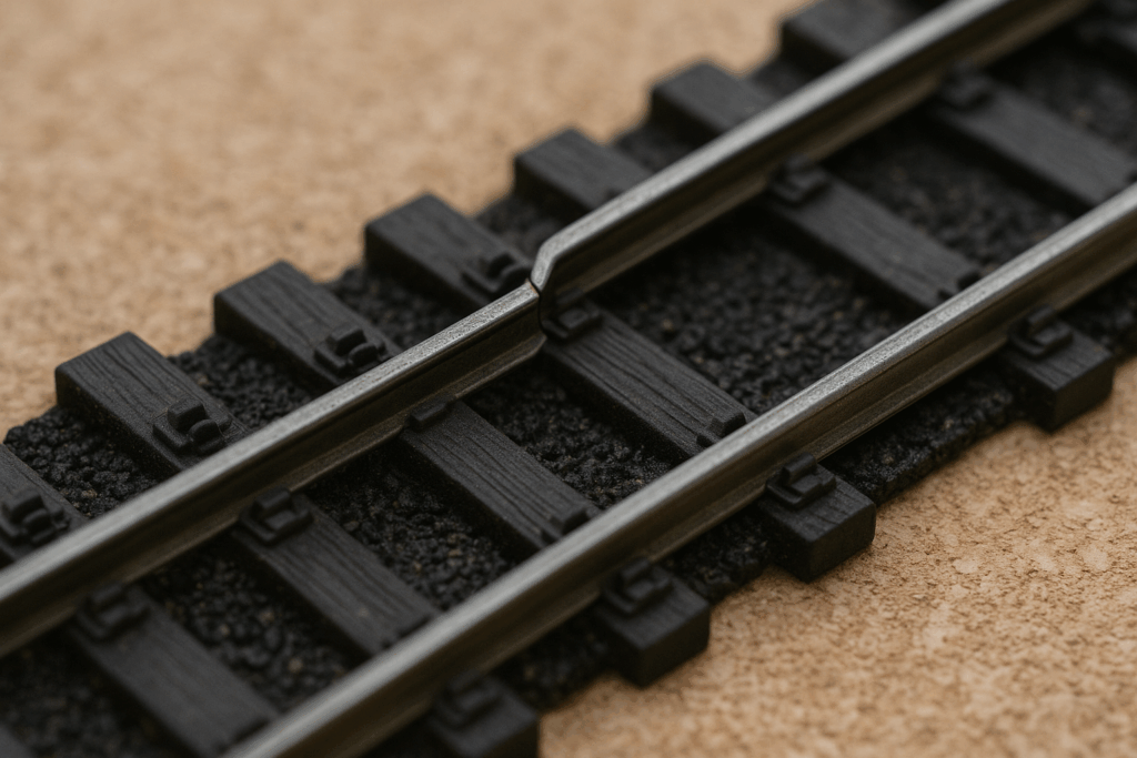 misaligned HO scale track with a visible kink at the rail joint